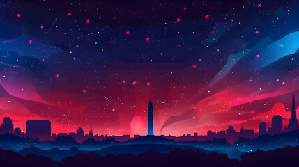 Patriotic Stars Over Monument: Flat Design Backdrop Blending National Pride with Night Sky Wonder
