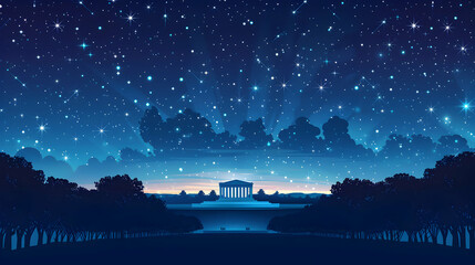 Patriotic Stars and Stripes Over Monument: National Pride in the Night Sky  Flat Design Backdrop