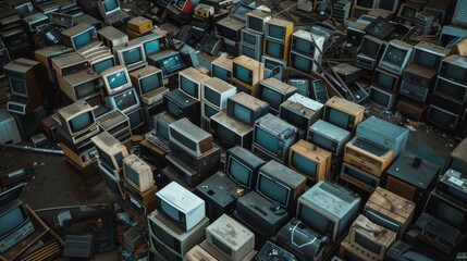 A lot of old television in a trash dump. Selective focus