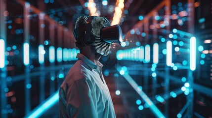 IT server specialist wearing futuristic VR helmet and working in data center. Concept shot showing high-speed internet visualization and data transfer.