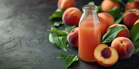 Peach juice with glass bottle & peaches flay lay out