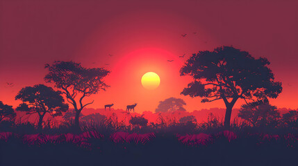 Flat Design Backdrop:  Sunset Silhouettes   Vibrant Concept of Wildlife and Trees Against a Setting Sun   Flat Illustration