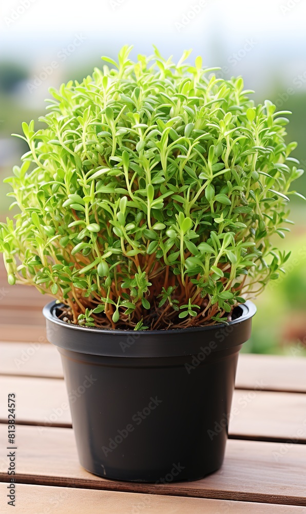 Sticker aromatic green potted thyme on white wooden