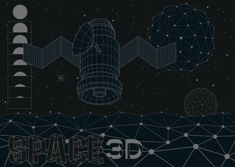 3D Space Illustration. 1980s Low Poly Computer Graphic Style Spacecraft, Geometric Shapes, Planets, Surfaces. Abstract Elements, Spaceship with Solar Panels