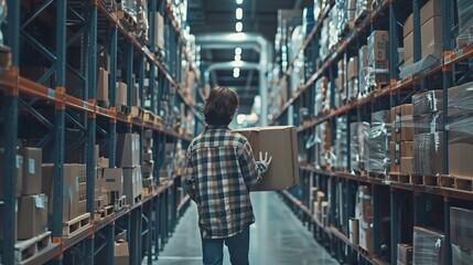 A worker walks with a cardboard box, puts it on a shelf in a warehouse. A side-by-side shot of the...