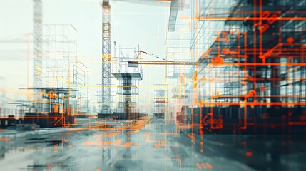 A digital art piece showcasing the concept of construction site technology, with blurry silhouettes of cranes and building structures in the background
