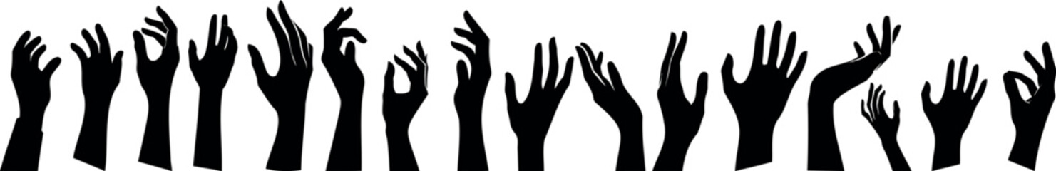 Obraz premium hand reaching silhouette, raised hands, unity, crowd, celebration. Black silhouettes of enthusiastic hands reaching upwards against a white background. Depicts unity, celebration, and group excitement