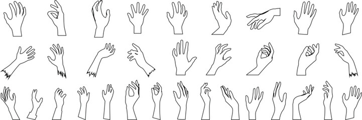 hand line art, hand gestures illustration set. Various positions, signs, signals in simple outline style. Ideal for educational content, icons, instructional design