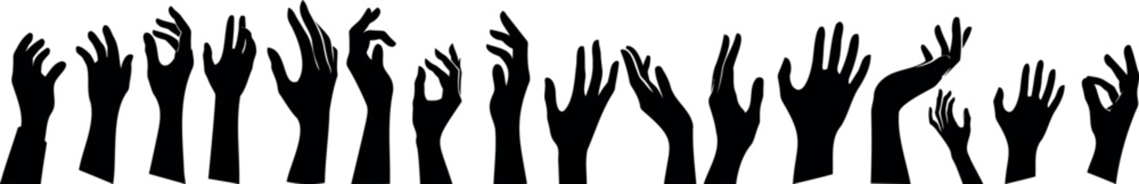 hand reaching silhouette, raised hands, unity, crowd, celebration. Black silhouettes of enthusiastic hands reaching upwards against a white background. Depicts unity, celebration, and group excitement