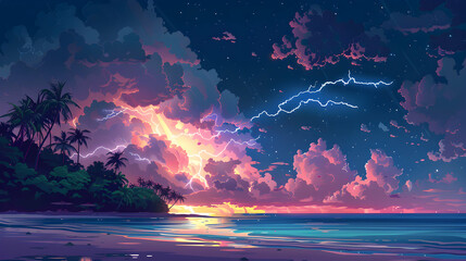 Fototapeta na wymiar Flat Design Backdrop: Thunderstorm Over Tropical Island A tropical island s vivid lightning pierces the sky, capturing the majestic fury of a thunderstorm in a stunning flat illu