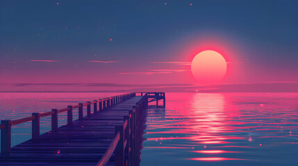 Twilight Serenity at the Pier: As twilight descends, the sunset casts a serene glow over the old pier, creating a moment of peaceful reflection. Flat design backdrop concept illust