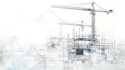 A digital art piece showcasing the concept of construction site technology, with blurry silhouettes of cranes and building structures in the background
