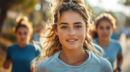 Obraz premium Young Woman Running Outdoors with Friends in the City