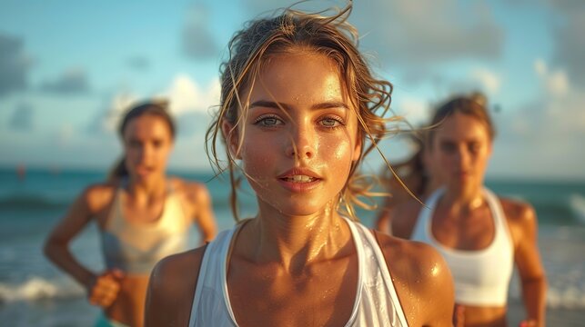 Young Women Jogging at Sunset on a Sandy Beach