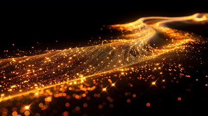 Fototapeta premium A gold glittery shiny light trail on a black background in the style of motion graphics, 3D rendering. 