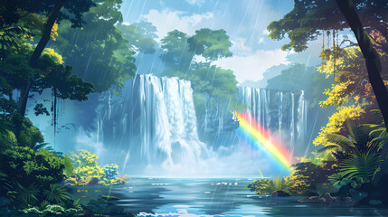 Rainbow Mist Waterfall: A Stunning Visual Spectacle in Lush Forest   Flat Design Backdrop Concept