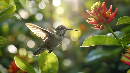 A hummingbird hovering near an exotic flower, with blurred greenery in the background. 
