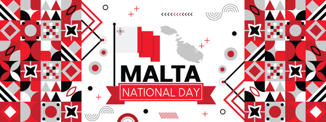 Malta banner for national day with abstract modern design. malaysia flag and map with typograph flag color theme.
