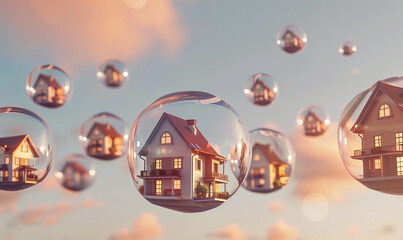 The vision of houses floating in air bubbles evokes fascination and amazement, creating an extraordinary image that symbolizes the concept of a real estate bubble and dynamic changes in the market.