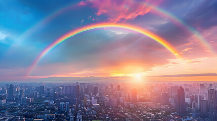 Naklejka premium Vibrant Cityscape with Rainbow: A stunning rainbow emerges behind a bustling urban skyline, blending natural beauty with the urban landscape Photo Realistic Concept
