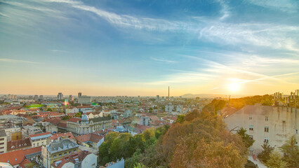 Aerial view at Zagreb downtown timelapse, sunset time, Croatia capital city.