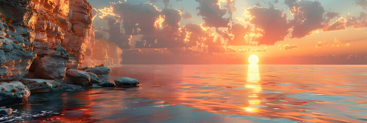 Coastal Sunset Reflection: A Photo Realistic Capture of the Vibrant Sky Illuminating Cliffs at...