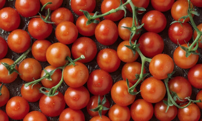 Ripe tomatoes scattered across a textured surface. Each tomato is bright red and glossy, indicating ripeness and freshness.