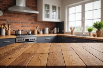 Wood table top on blurred kitchen background.  can be used mock up for montage products display or design layout