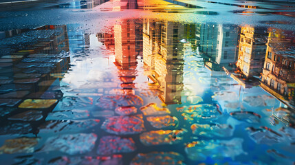 Downtown Rainbow Reflections: A brilliant rainbow cast in puddles, painting an urban tapestry with vibrant colors � Photo realistic urban concept