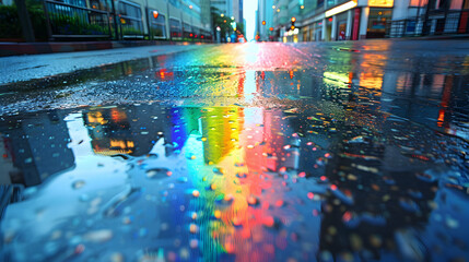 Downtown Rainbow Reflections: A colorful urban tapestry where a downtown area reflects a brilliant rainbow in puddles on the streets   Photo Stock Concept