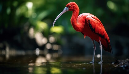 A Scarlet Ibis, with vibrant red plumage, stands gracefully in the water, displaying its striking colors against the serene backdrop