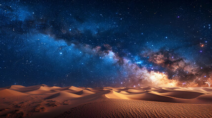 Stunning Astrophotography: Galactic Core Over Desert Dunes   The Milky Way s Galactic Core Illuminates Majestic Sand Dunes in Striking Contrast and Harmony. Captivating Night Sky P