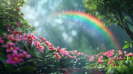 Garden Bliss: Vibrant Rainbow Rejuvenation   A stunning garden scene full of life and color, captured in photorealistic detail with a majestic rainbow stretching over lush blooming