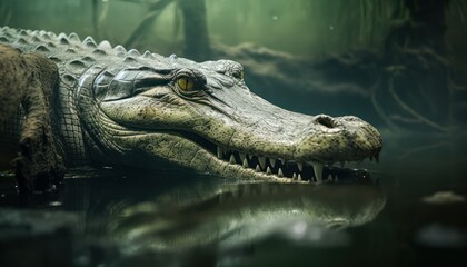 Obraz premium A large Gharial crocodile calmly sits in the water, showcasing its powerful presence and intimidating appearance