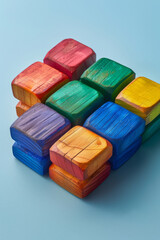 Vibrant Stacked Wooden Blocks on Blue Background