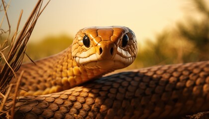 Detailed view of a brown Inland Taipan snake blending in the grass in its natural habitat