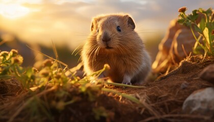 A small Lemming stands in the grass, alert and curious, exploring its surroundings
