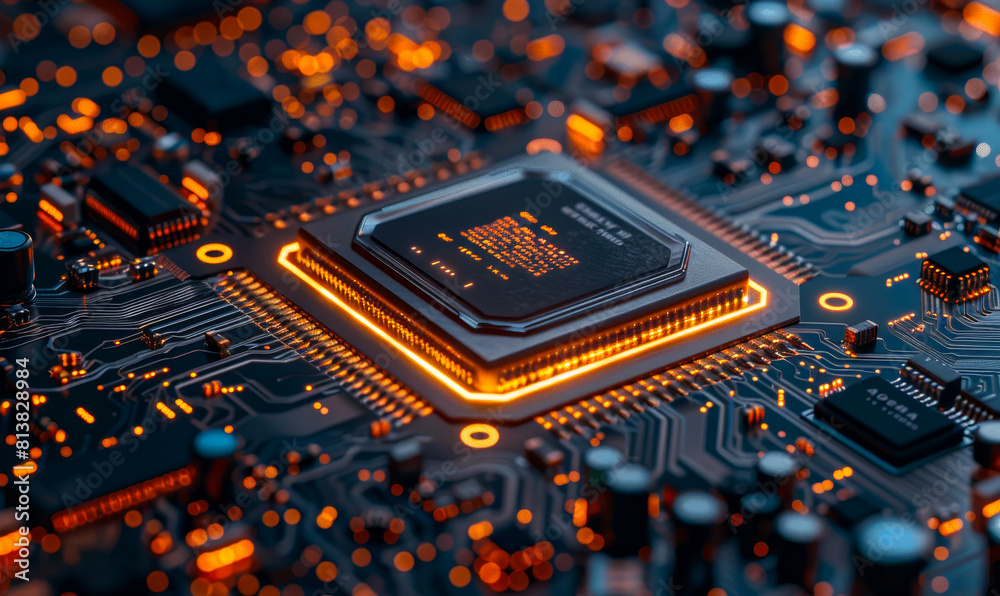 Poster advanced artificial intelligence microchip on circuit board: technological innovation in computing