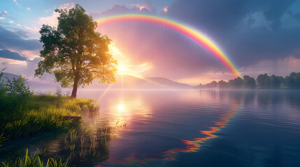 Peaceful Lakefront Rainbow at Dawn   Early morning light illuminates a rainbow reflecting in a serene lake, symbolizing new beginnings and tranquility concept