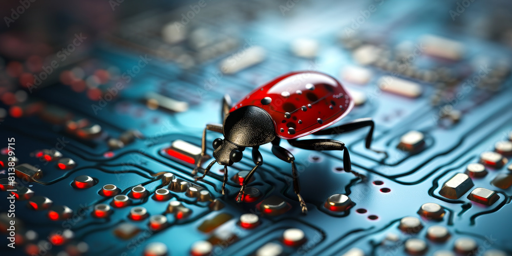 Poster ladybug on electronic circuit board: symbolizing computer bug, debugging, and troubleshooting in tec