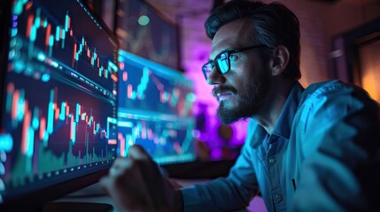 Man analyzing complex financial data on multiple screens in a dark office with blue ambient lighting