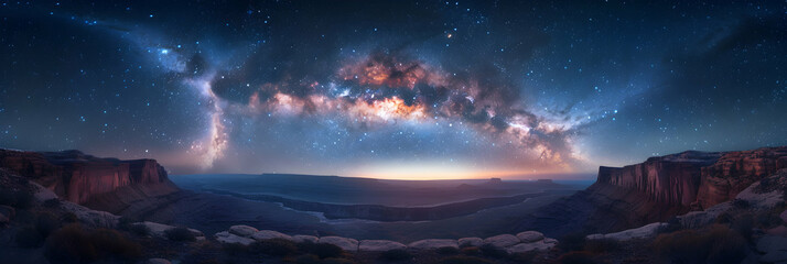 Fototapeta na wymiar The Milky Way Arch: Celestial Display Over Canyon Photo Realistic Concept of Stunning Night Sky Scenario