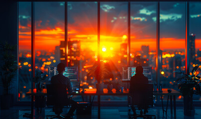 Panoramic Night Office View: Silhouetted Workers Tapping Away on Computers During Vibrant City Sunset, Capturing Hustle and Modern Life Balance