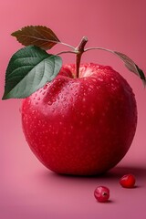 a red apple on a pink background. AI generate illustration
