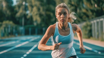 White woman practicing sprint running sport, person is focused and enjoying the sport, sports photography, generative ai