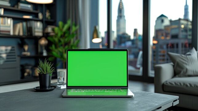 On the table of the cozy living room, a laptop computer with mock-up green screen displays is standing in front of a stylish, modern, bright home office studio during the day with a big cityscape