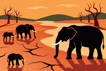 African animals - elephants, in search of water in the arid desert. Negative emotions showing the problems of mankind in the wilderness