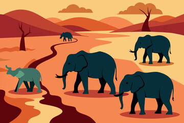 African animals - elephants, in search of water in the arid desert. Negative emotions showing the problems of mankind in the wilderness