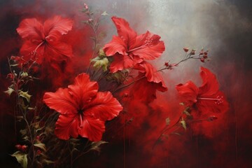 Rich red hibiscus flowers painted against a moody, abstract backdrop