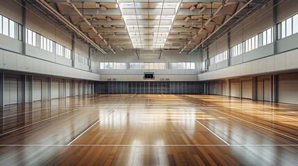 An indoor sports stadium with a wooden floor, empty and clean, with white walls.
